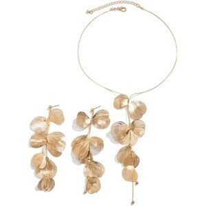 Romantic Bohemian Long Tassel Y Gold Tone Ginkgo Leaf Necklace & Earring Set
